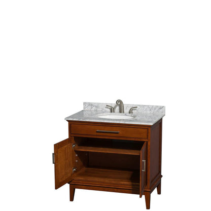 Wyndham Collection Hatton 36" Single Bathroom Vanity in Light Chestnut, White Carrara Marble Countertop, Undermount Oval Sink, and No Mirror