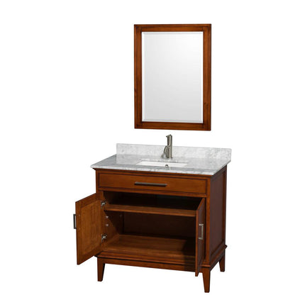 Wyndham Collection Hatton 36" Single Bathroom Vanity in Light Chestnut, White Carrara Marble Countertop, Undermount Square Sink, and 24" Mirror