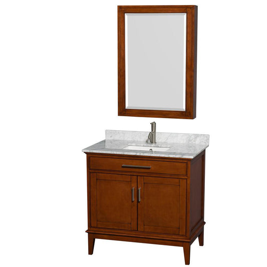 Wyndham Collection Hatton 36" Single Bathroom Vanity in Light Chestnut, White Carrara Marble Countertop, Undermount Square Sink, and Medicine Cabinet