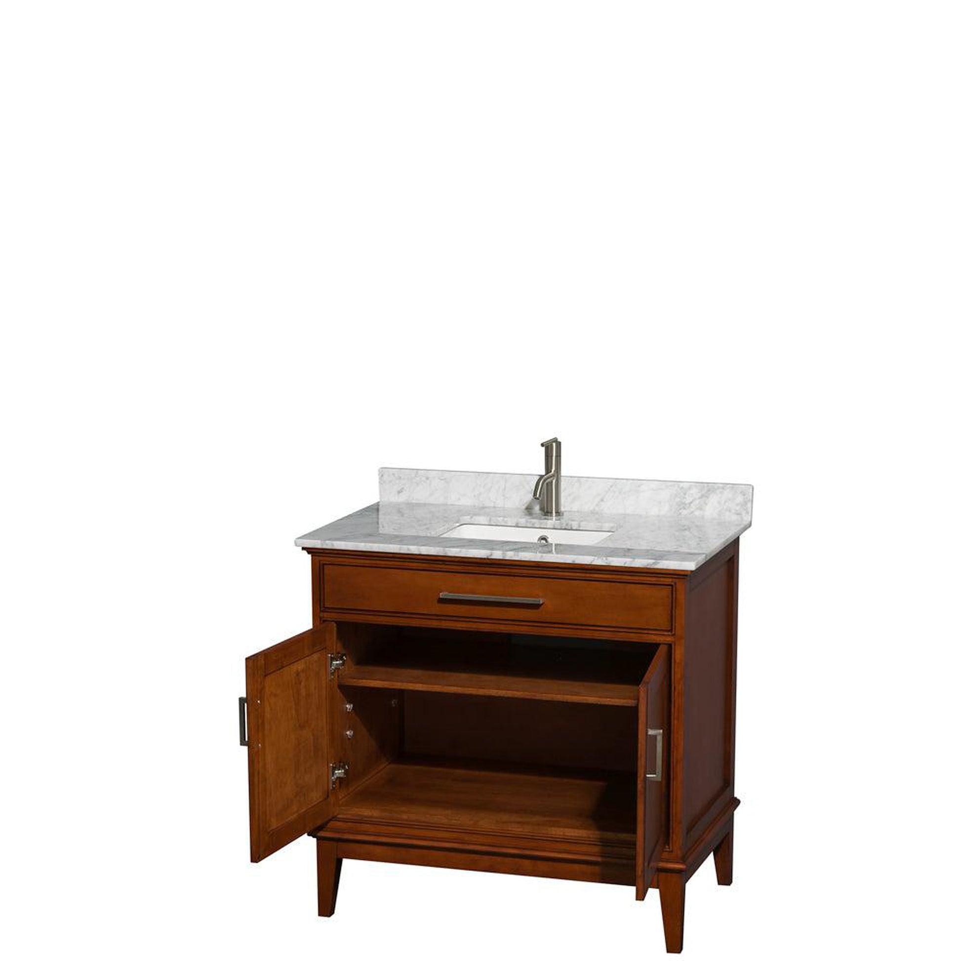 Wyndham Collection Hatton 36" Single Bathroom Vanity in Light Chestnut, White Carrara Marble Countertop, Undermount Square Sink, and No Mirror