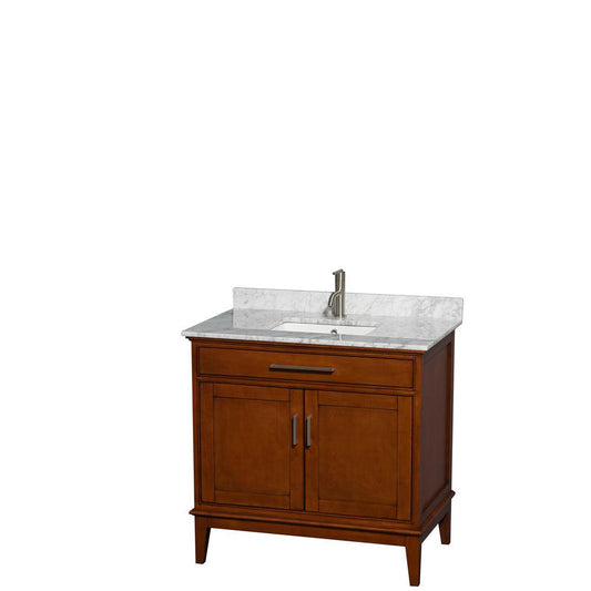 Wyndham Collection Hatton 36" Single Bathroom Vanity in Light Chestnut, White Carrara Marble Countertop, Undermount Square Sink, and No Mirror