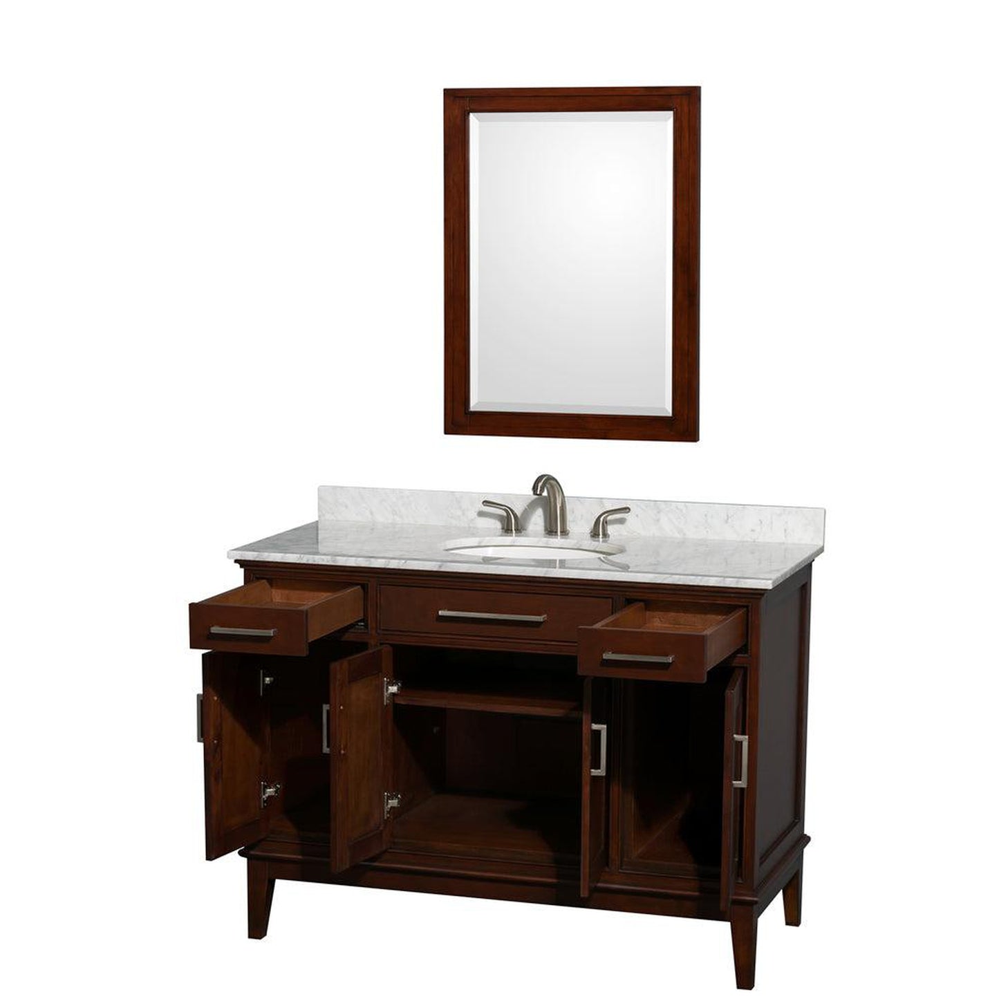 Wyndham Collection Hatton 48" Single Bathroom Vanity in Dark Chestnut, White Carrara Marble Countertop, Undermount Oval Sink, and 24" Mirror