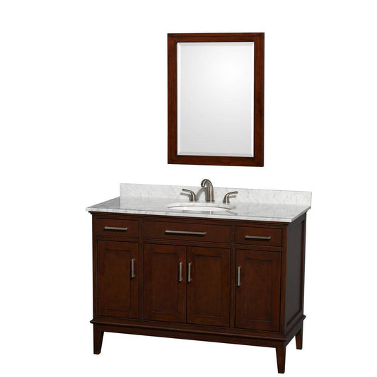 Wyndham Collection Hatton 48" Single Bathroom Vanity in Dark Chestnut, White Carrara Marble Countertop, Undermount Oval Sink, and 24" Mirror