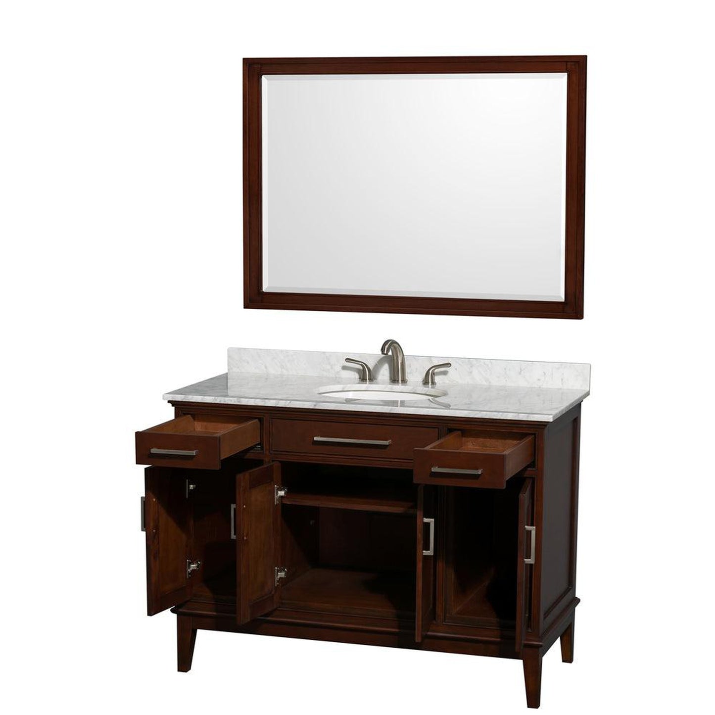 Wyndham Collection Hatton 48" Single Bathroom Vanity in Dark Chestnut, White Carrara Marble Countertop, Undermount Oval Sink, and 44" Mirror