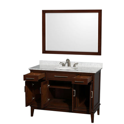 Wyndham Collection Hatton 48" Single Bathroom Vanity in Dark Chestnut, White Carrara Marble Countertop, Undermount Oval Sink, and 44" Mirror