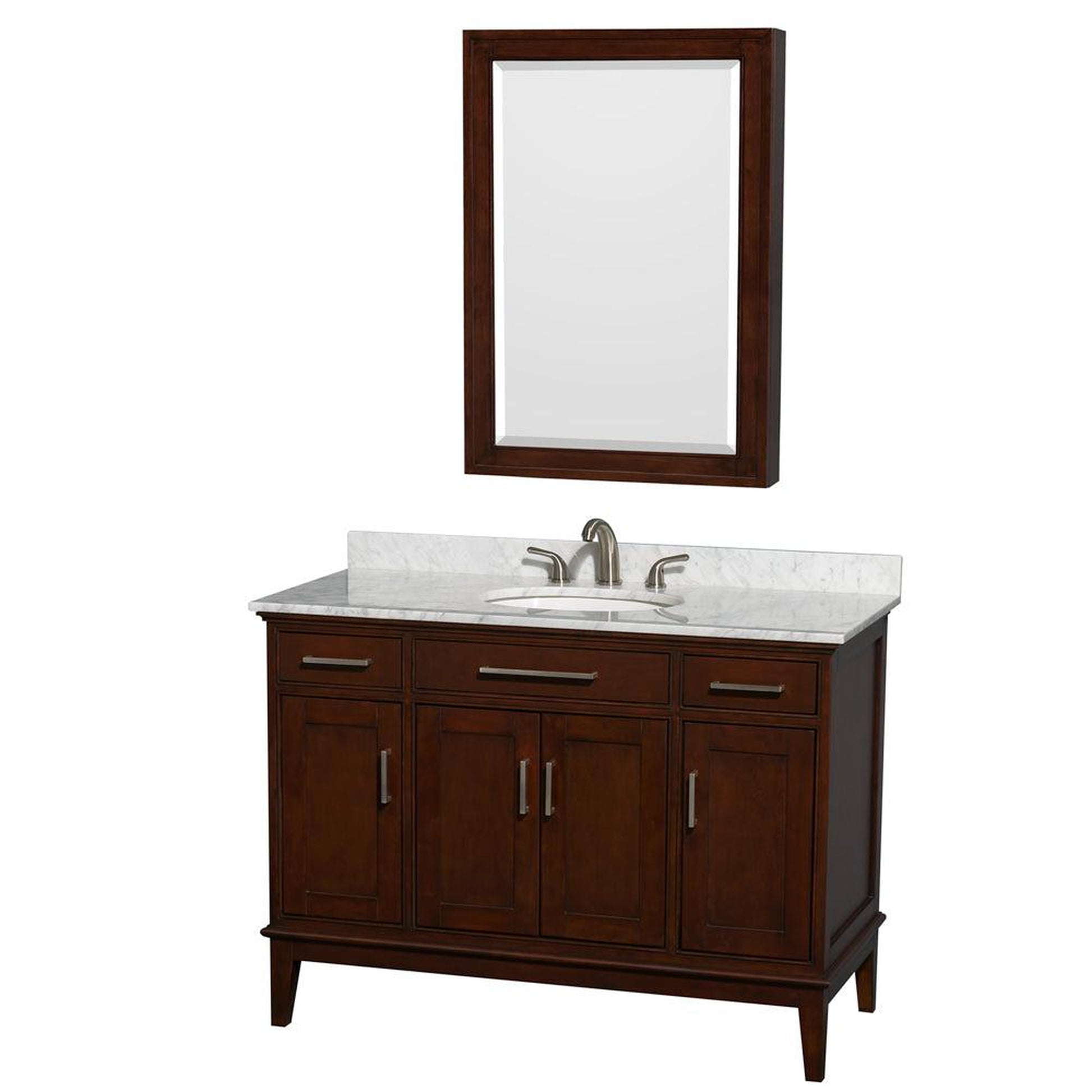 Wyndham Collection Hatton 48" Single Bathroom Vanity in Dark Chestnut, White Carrara Marble Countertop, Undermount Oval Sink, and Medicine Cabinet