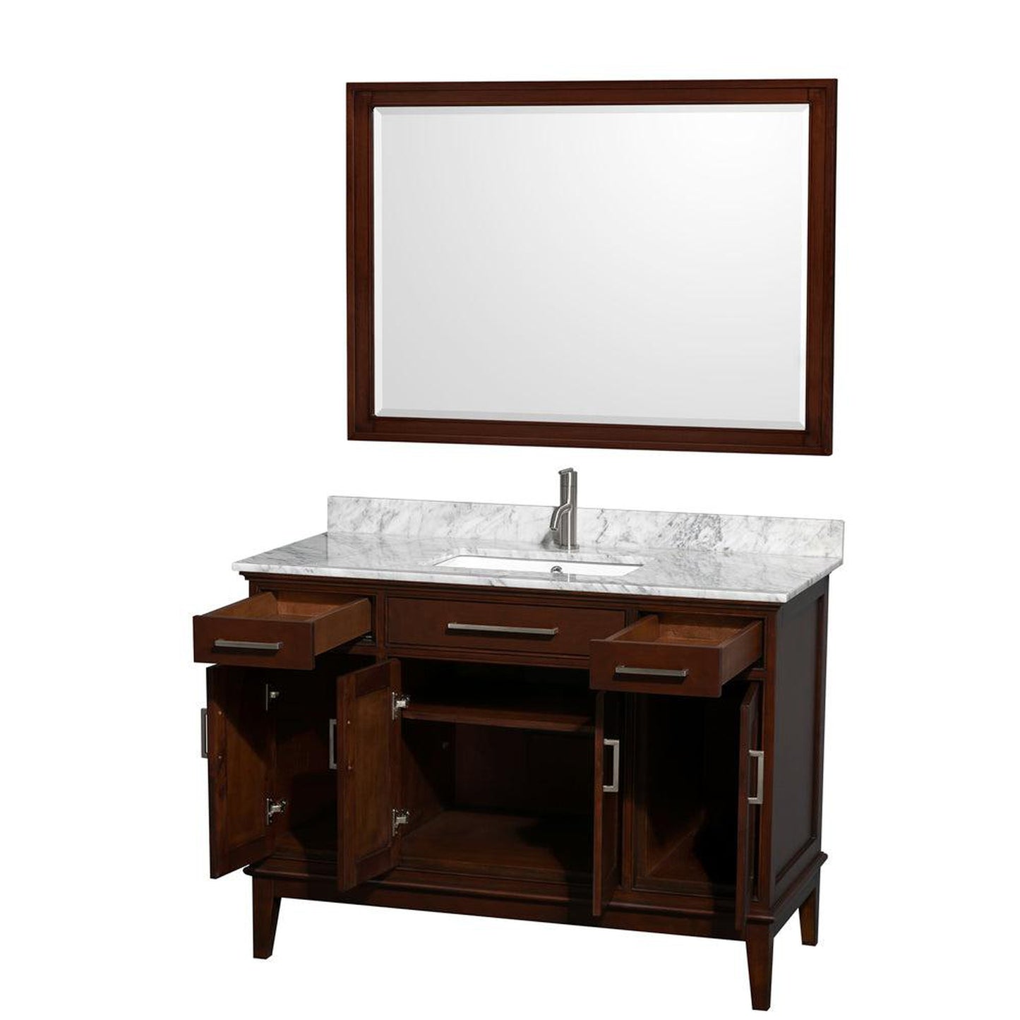 Wyndham Collection Hatton 48" Single Bathroom Vanity in Dark Chestnut, White Carrara Marble Countertop, Undermount Square Sink, and 44" Mirror