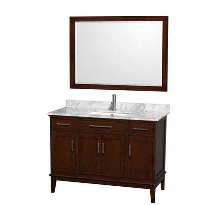 Wyndham Collection Hatton 48" Single Bathroom Vanity in Dark Chestnut, White Carrara Marble Countertop, Undermount Square Sink, and 44" Mirror