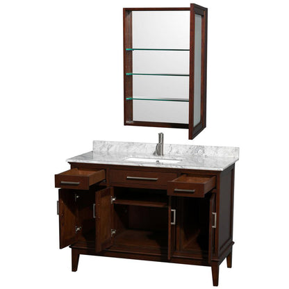 Wyndham Collection Hatton 48" Single Bathroom Vanity in Dark Chestnut, White Carrara Marble Countertop, Undermount Square Sink, and Medicine Cabinet