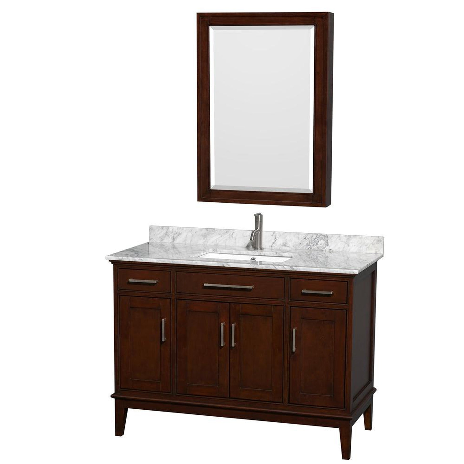 Wyndham Collection Hatton 48" Single Bathroom Vanity in Dark Chestnut, White Carrara Marble Countertop, Undermount Square Sink, and Medicine Cabinet