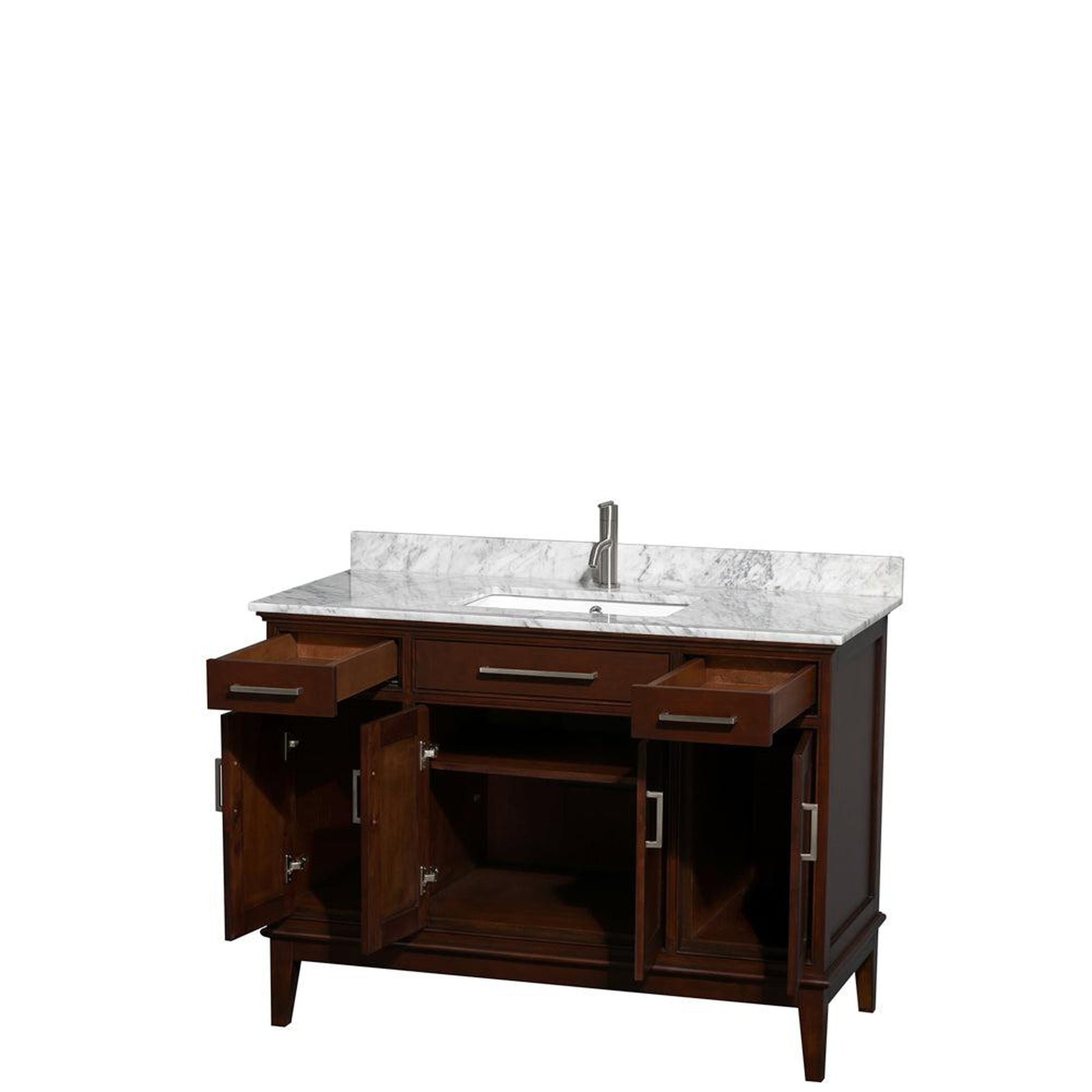 Wyndham Collection Hatton 48" Single Bathroom Vanity in Dark Chestnut, White Carrara Marble Countertop, Undermount Square Sink, and No Mirror
