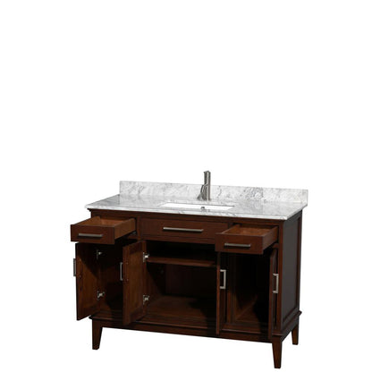 Wyndham Collection Hatton 48" Single Bathroom Vanity in Dark Chestnut, White Carrara Marble Countertop, Undermount Square Sink, and No Mirror