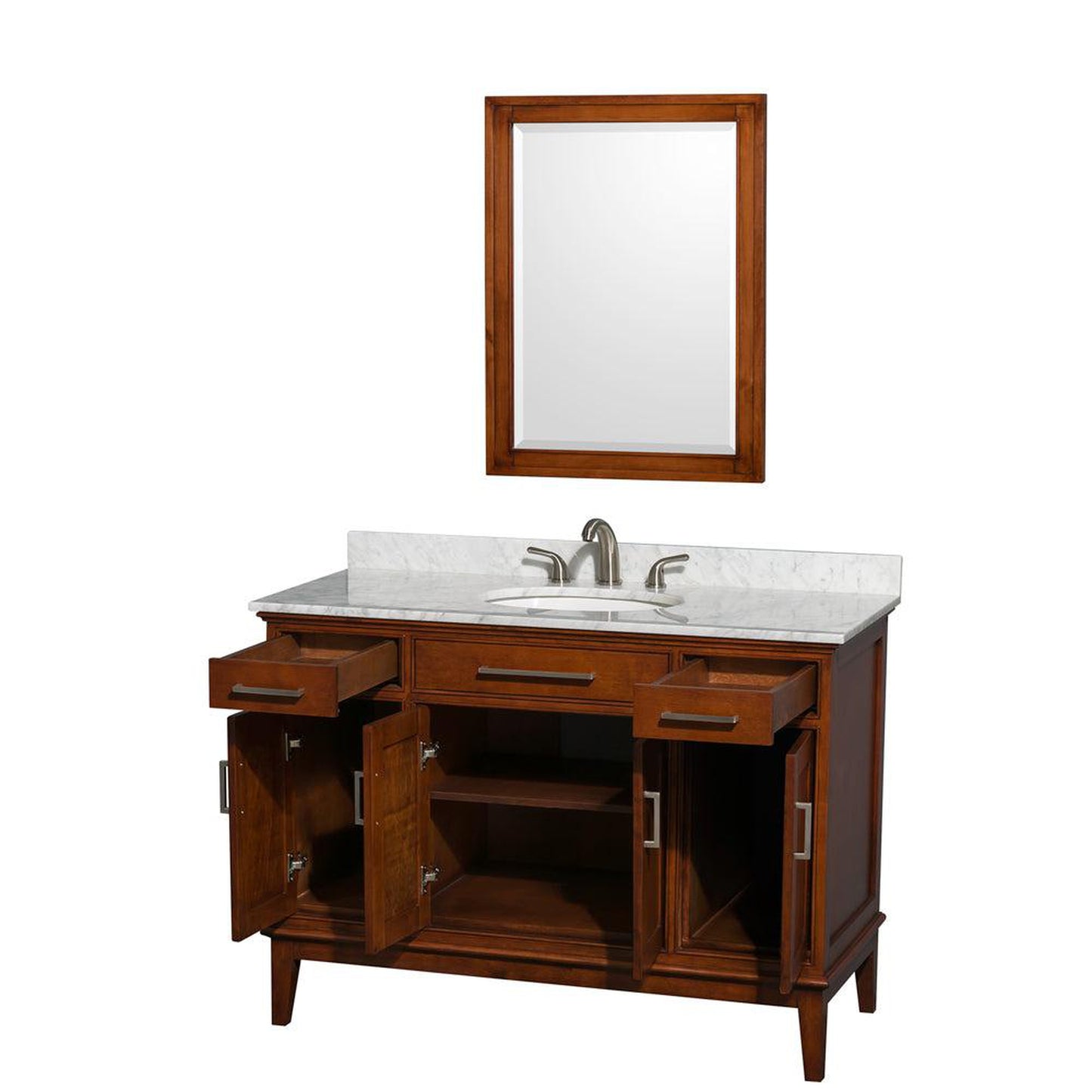 Wyndham Collection Hatton 48" Single Bathroom Vanity in Light Chestnut, White Carrara Marble Countertop, Undermount Oval Sink, and 24" Mirror