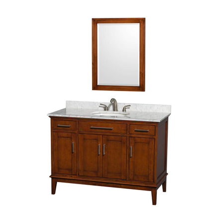 Wyndham Collection Hatton 48" Single Bathroom Vanity in Light Chestnut, White Carrara Marble Countertop, Undermount Oval Sink, and 24" Mirror