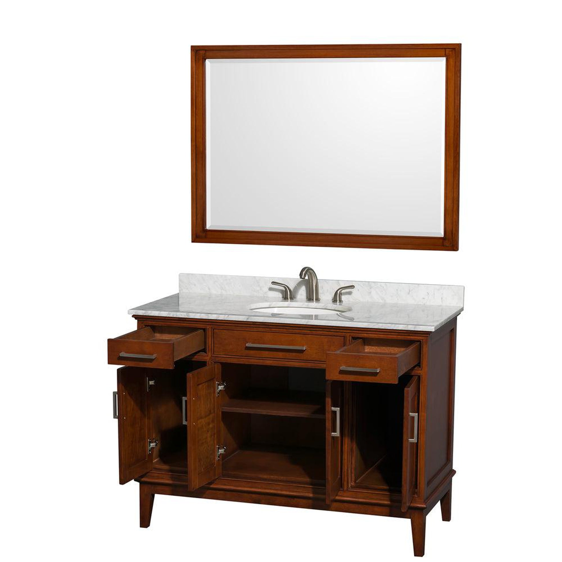 Wyndham Collection Hatton 48" Single Bathroom Vanity in Light Chestnut, White Carrara Marble Countertop, Undermount Oval Sink, and 44" Mirror
