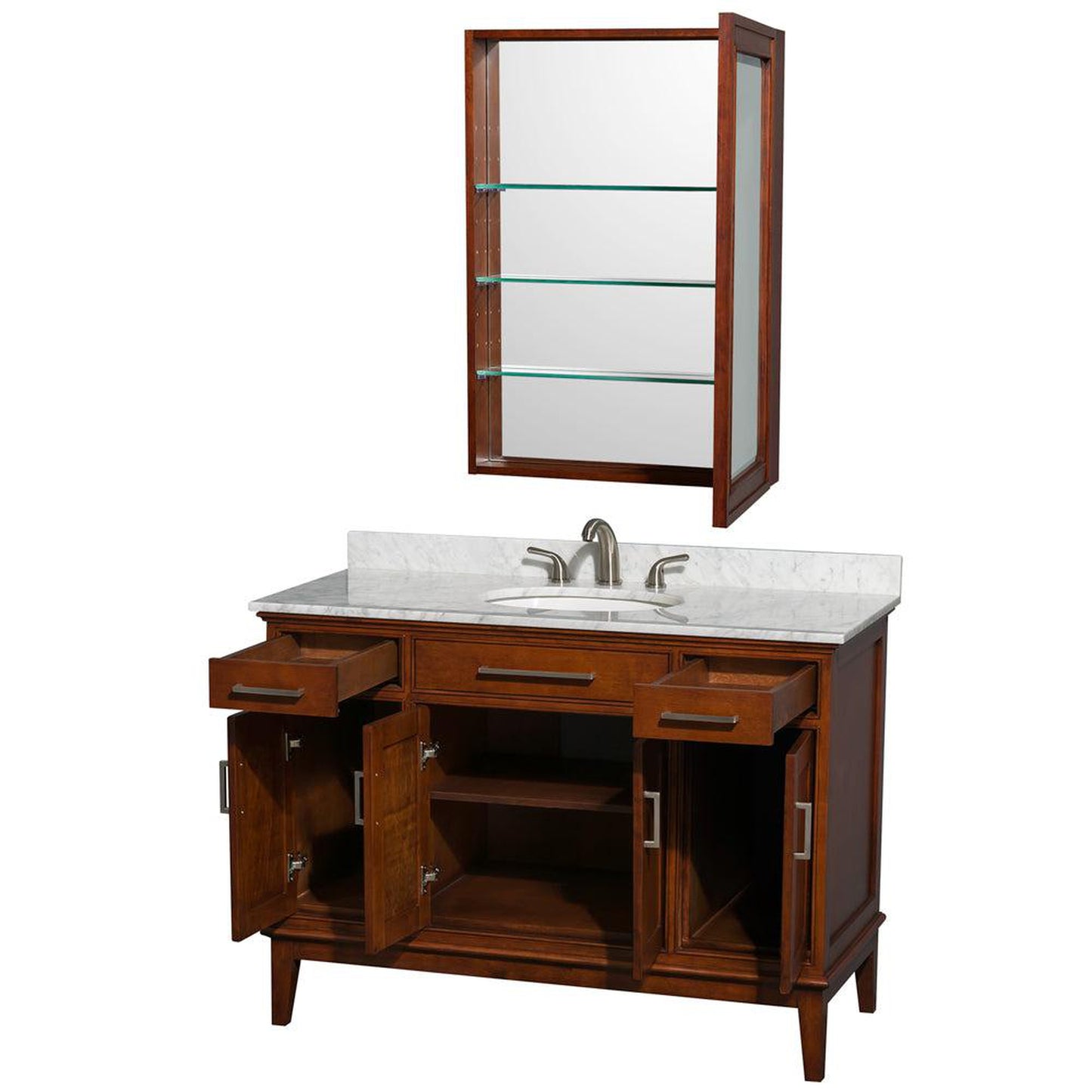 Wyndham Collection Hatton 48" Single Bathroom Vanity in Light Chestnut, White Carrara Marble Countertop, Undermount Oval Sink, and Medicine Cabinet