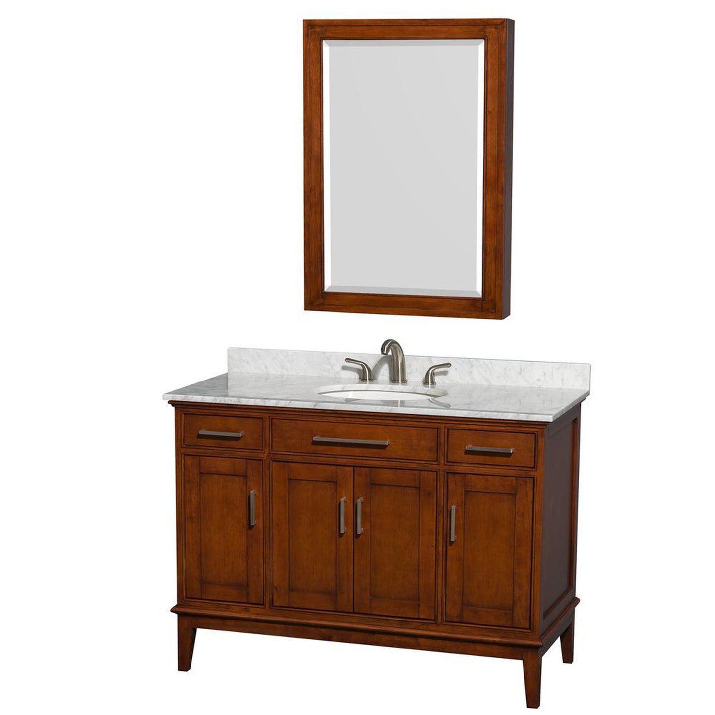 Wyndham Collection Hatton 48" Single Bathroom Vanity in Light Chestnut, White Carrara Marble Countertop, Undermount Oval Sink, and Medicine Cabinet