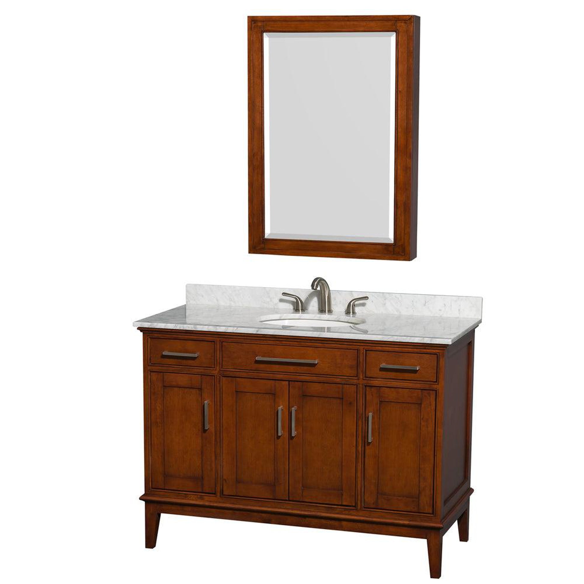 Wyndham Collection Hatton 48" Single Bathroom Vanity in Light Chestnut, White Carrara Marble Countertop, Undermount Oval Sink, and Medicine Cabinet