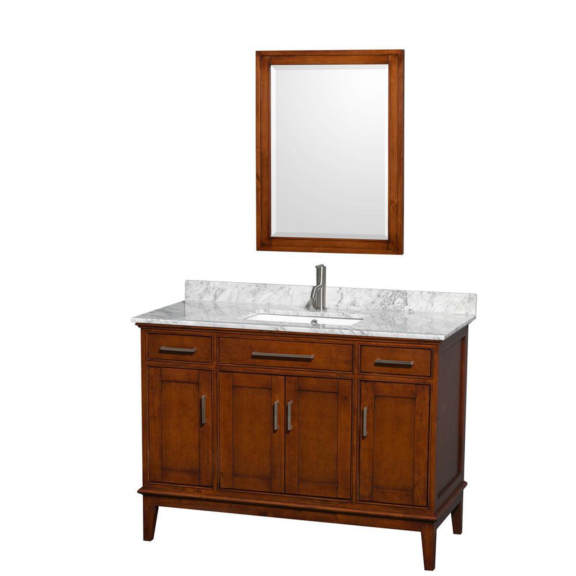 Wyndham Collection Hatton 48" Single Bathroom Vanity in Light Chestnut, White Carrara Marble Countertop, Undermount Square Sink, and 24" Mirror