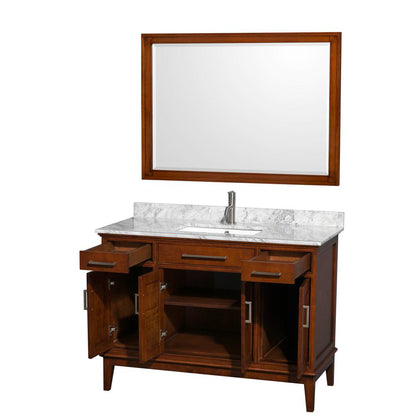 Wyndham Collection Hatton 48" Single Bathroom Vanity in Light Chestnut, White Carrara Marble Countertop, Undermount Square Sink, and 44" Mirror