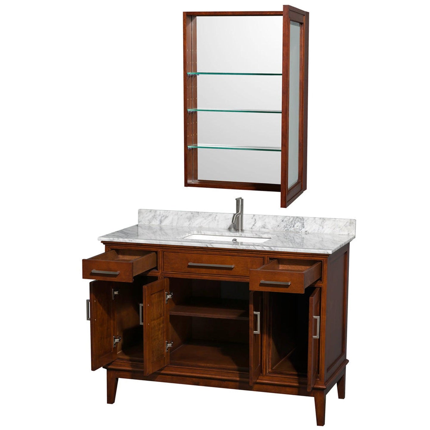 Wyndham Collection Hatton 48" Single Bathroom Vanity in Light Chestnut, White Carrara Marble Countertop, Undermount Square Sink, and Medicine Cabinet