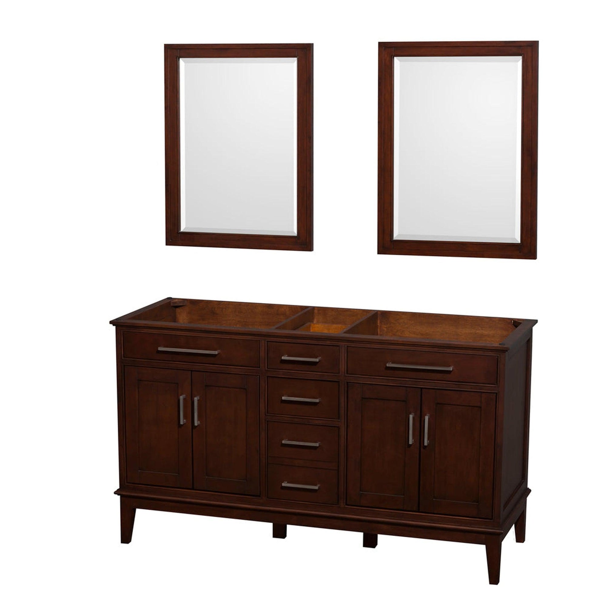 Wyndham Collection Hatton 60" Double Bathroom Vanity in Dark Chestnut, No Countertop, No Sinks, and 24" Mirror
