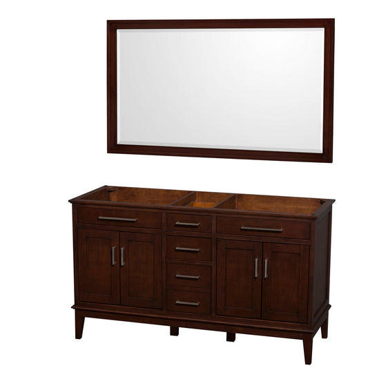 Wyndham Collection Hatton 60" Double Bathroom Vanity in Dark Chestnut, No Countertop, No Sinks, and 56" Mirror