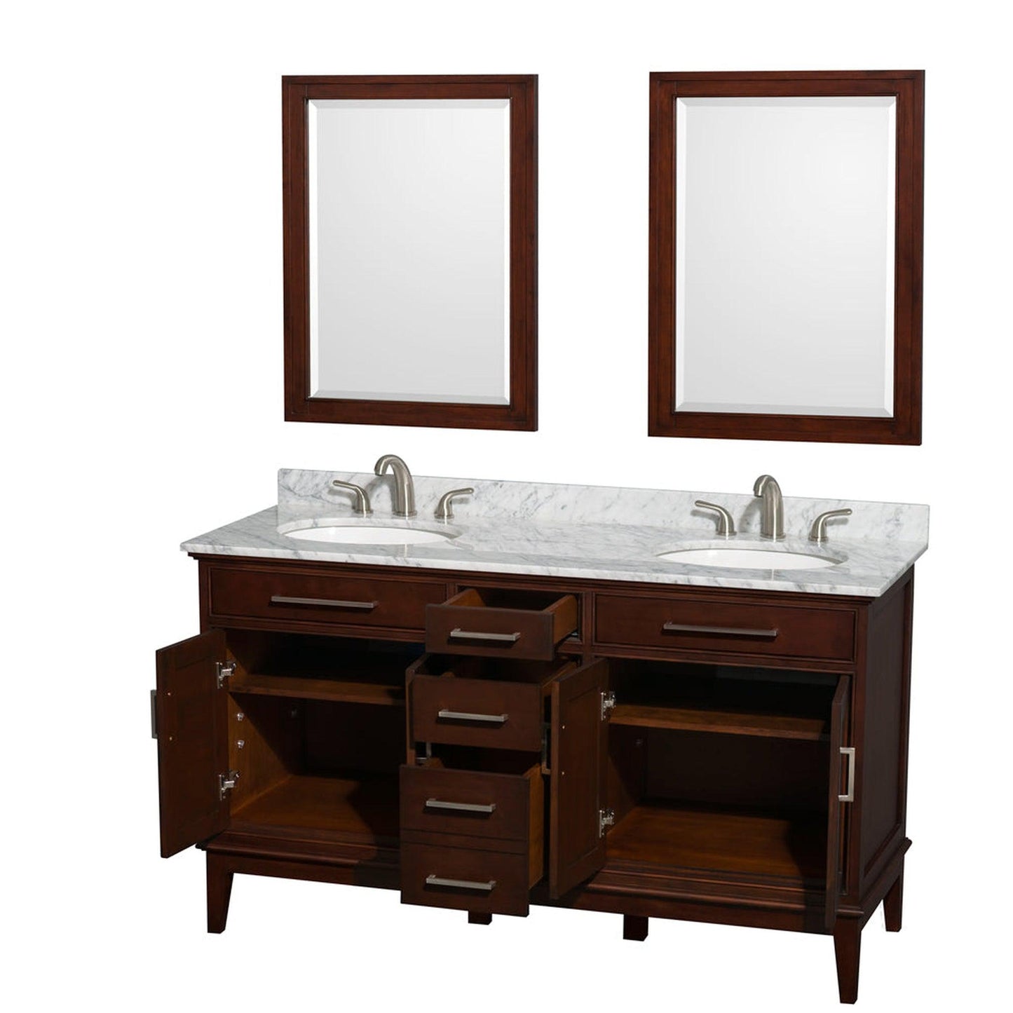 Wyndham Collection Hatton 60" Double Bathroom Vanity in Dark Chestnut, White Carrara Marble Countertop, Undermount Oval Sinks, and 24" Mirror