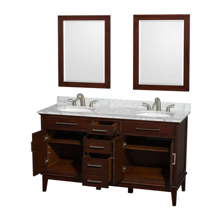 Wyndham Collection Hatton 60" Double Bathroom Vanity in Dark Chestnut, White Carrara Marble Countertop, Undermount Oval Sinks, and 24" Mirror