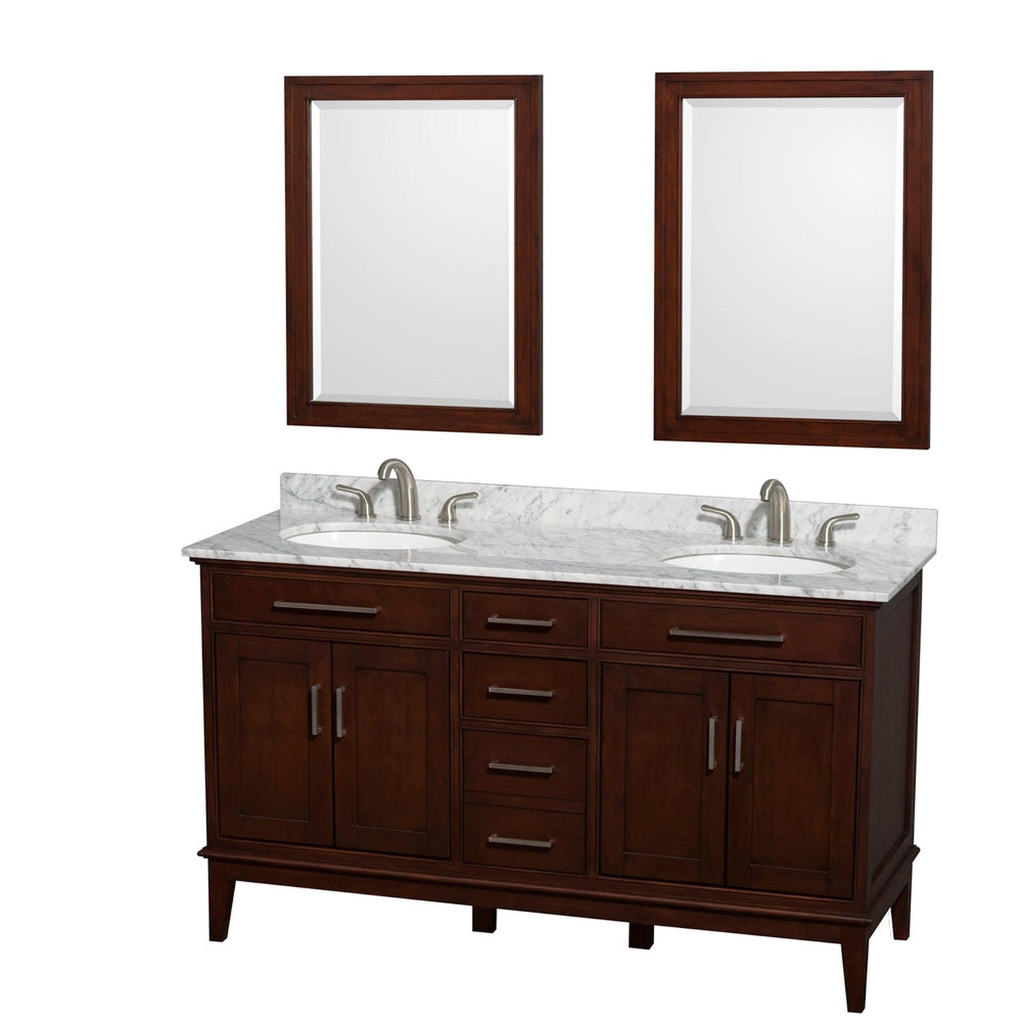Wyndham Collection Hatton 60" Double Bathroom Vanity in Dark Chestnut, White Carrara Marble Countertop, Undermount Oval Sinks, and 24" Mirror