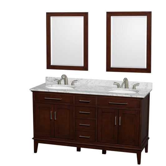Wyndham Collection Hatton 60" Double Bathroom Vanity in Dark Chestnut, White Carrara Marble Countertop, Undermount Oval Sinks, and 24" Mirror