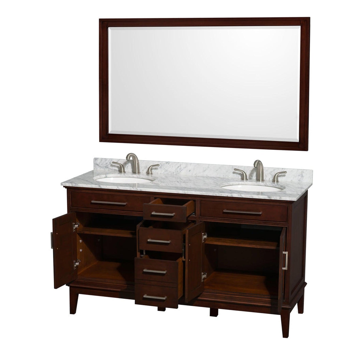 Wyndham Collection Hatton 60" Double Bathroom Vanity in Dark Chestnut, White Carrara Marble Countertop, Undermount Oval Sinks, and 56" Mirror