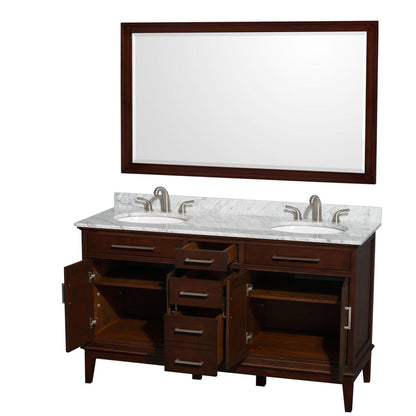 Wyndham Collection Hatton 60" Double Bathroom Vanity in Dark Chestnut, White Carrara Marble Countertop, Undermount Oval Sinks, and 56" Mirror