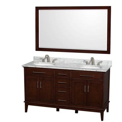 Wyndham Collection Hatton 60" Double Bathroom Vanity in Dark Chestnut, White Carrara Marble Countertop, Undermount Oval Sinks, and 56" Mirror