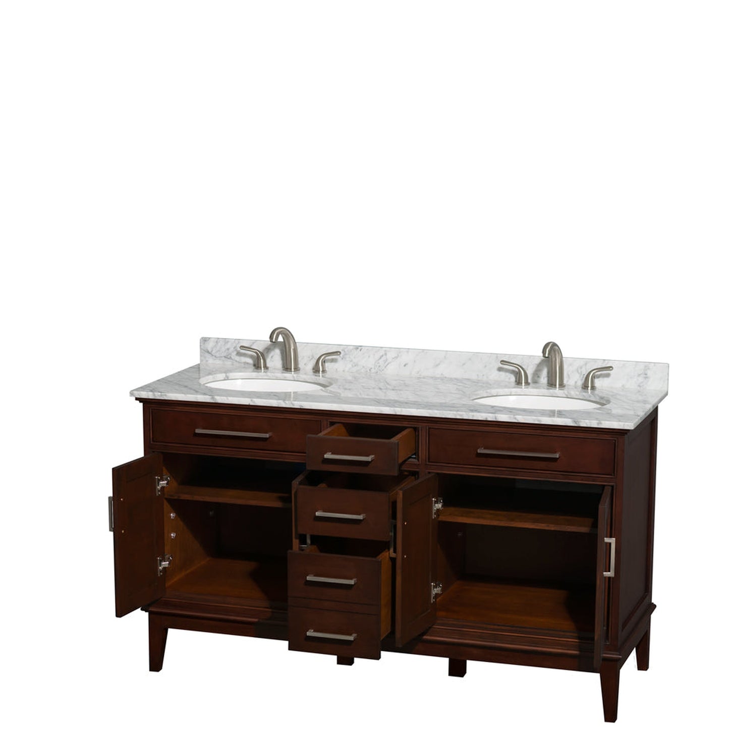 Wyndham Collection Hatton 60" Double Bathroom Vanity in Dark Chestnut, White Carrara Marble Countertop, Undermount Oval Sinks, and No Mirror