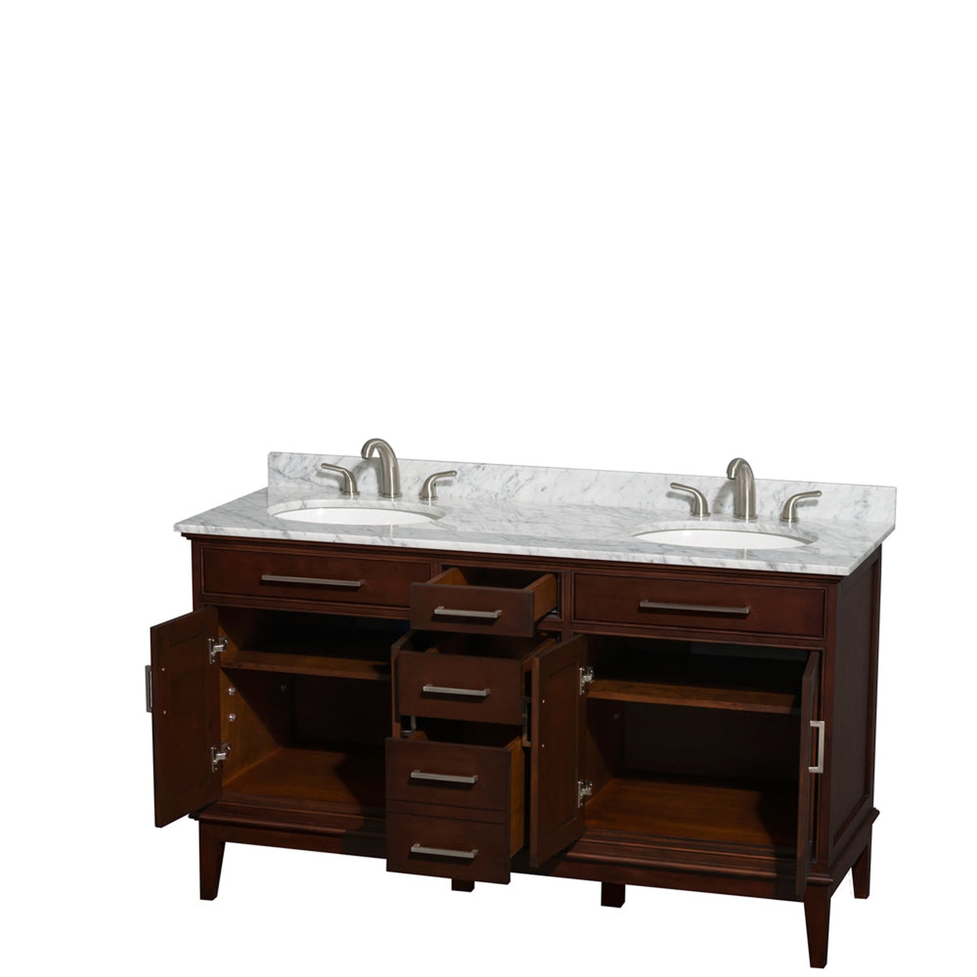 Wyndham Collection Hatton 60" Double Bathroom Vanity in Dark Chestnut, White Carrara Marble Countertop, Undermount Oval Sinks, and No Mirror