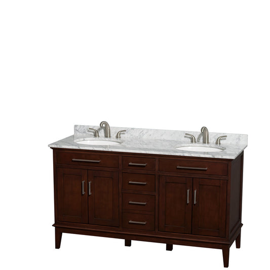 Wyndham Collection Hatton 60" Double Bathroom Vanity in Dark Chestnut, White Carrara Marble Countertop, Undermount Oval Sinks, and No Mirror
