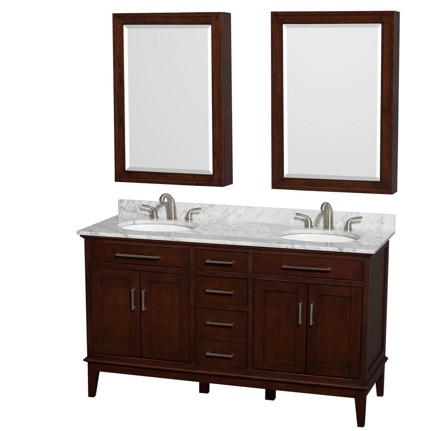 Wyndham Collection Hatton 60" Double Bathroom Vanity in Dark Chestnut, White Carrara Marble Countertop, Undermount Round Sinks, 24" Medicine Cabinet