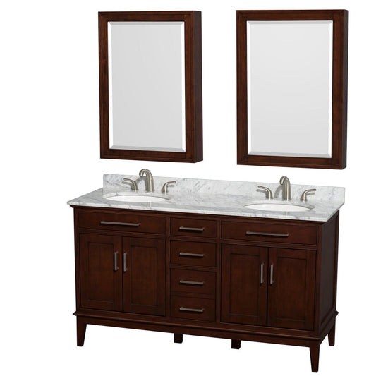 Wyndham Collection Hatton 60" Double Bathroom Vanity in Dark Chestnut, White Carrara Marble Countertop, Undermount Round Sinks, 24" Medicine Cabinet