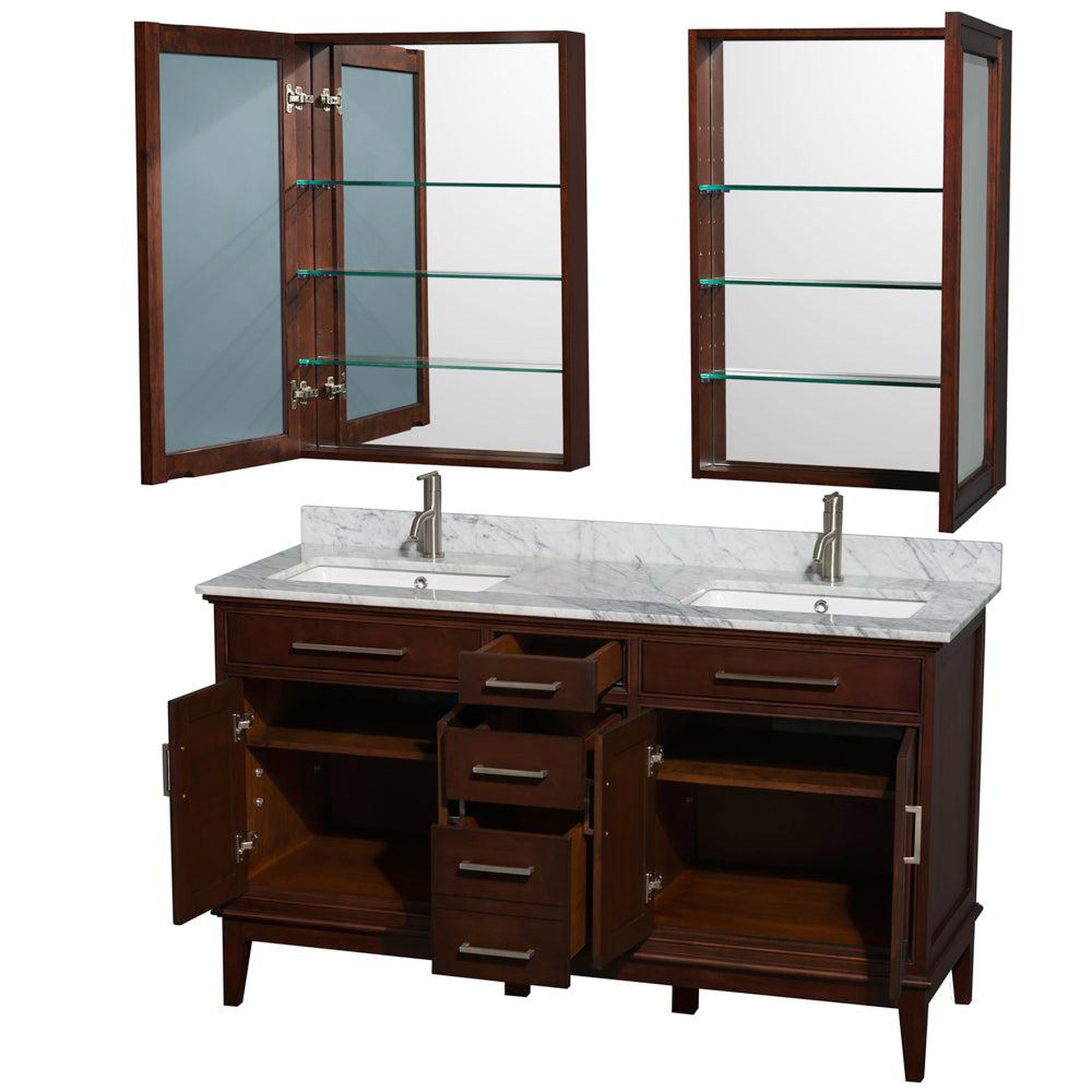 Wyndham Collection Hatton 60" Double Bathroom Vanity in Dark Chestnut, White Carrara Marble Countertop, Undermount Square Sinks, 24" Medicine Cabinet