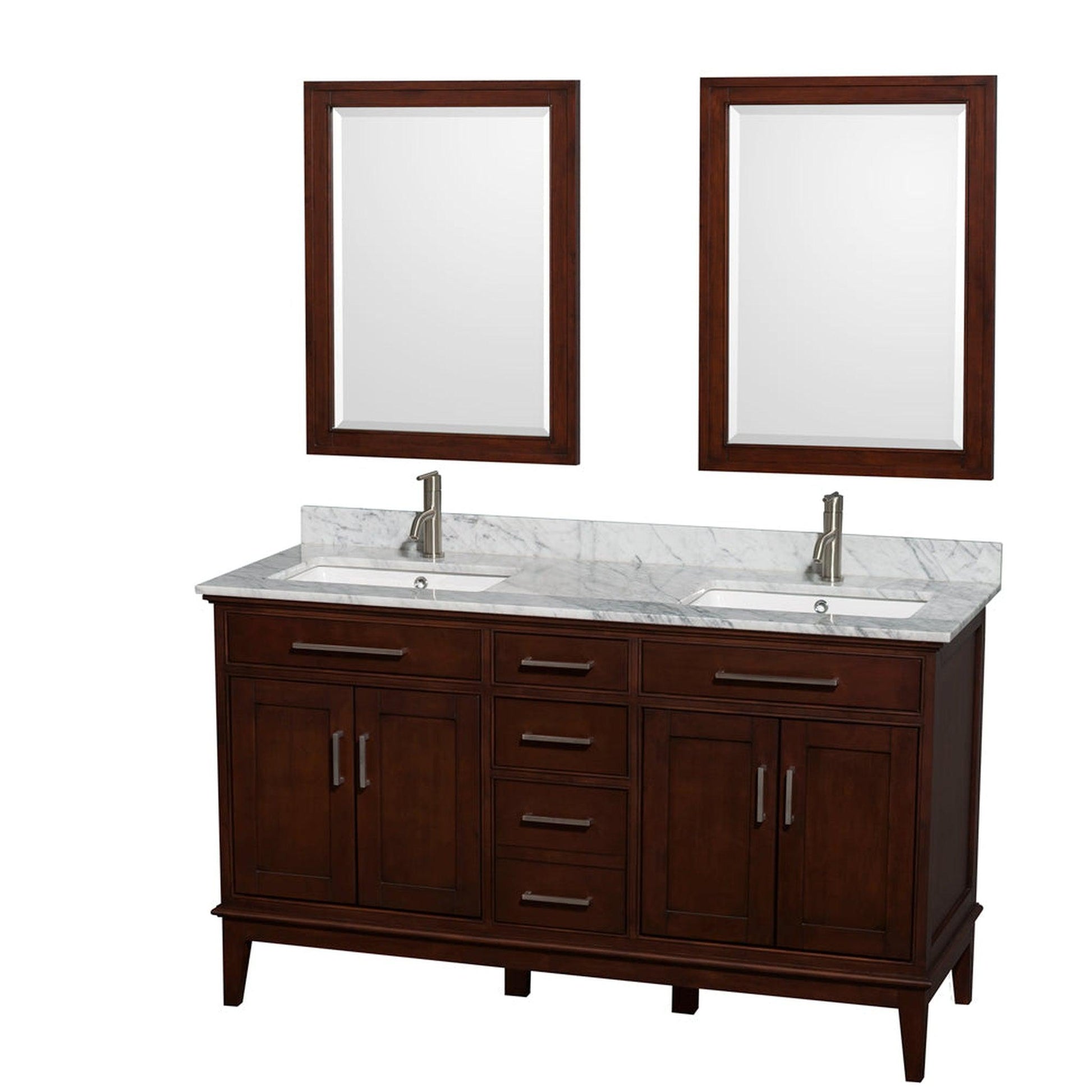 Wyndham Collection Hatton 60" Double Bathroom Vanity in Dark Chestnut, White Carrara Marble Countertop, Undermount Square Sinks, and 24" Mirror