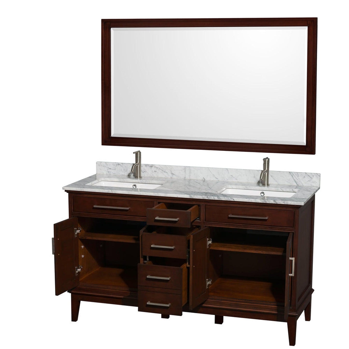 Wyndham Collection Hatton 60" Double Bathroom Vanity in Dark Chestnut, White Carrara Marble Countertop, Undermount Square Sinks, and 56" Mirror