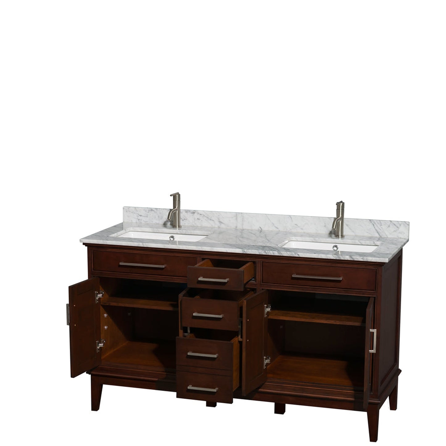 Wyndham Collection Hatton 60" Double Bathroom Vanity in Dark Chestnut, White Carrara Marble Countertop, Undermount Square Sinks, and No Mirror