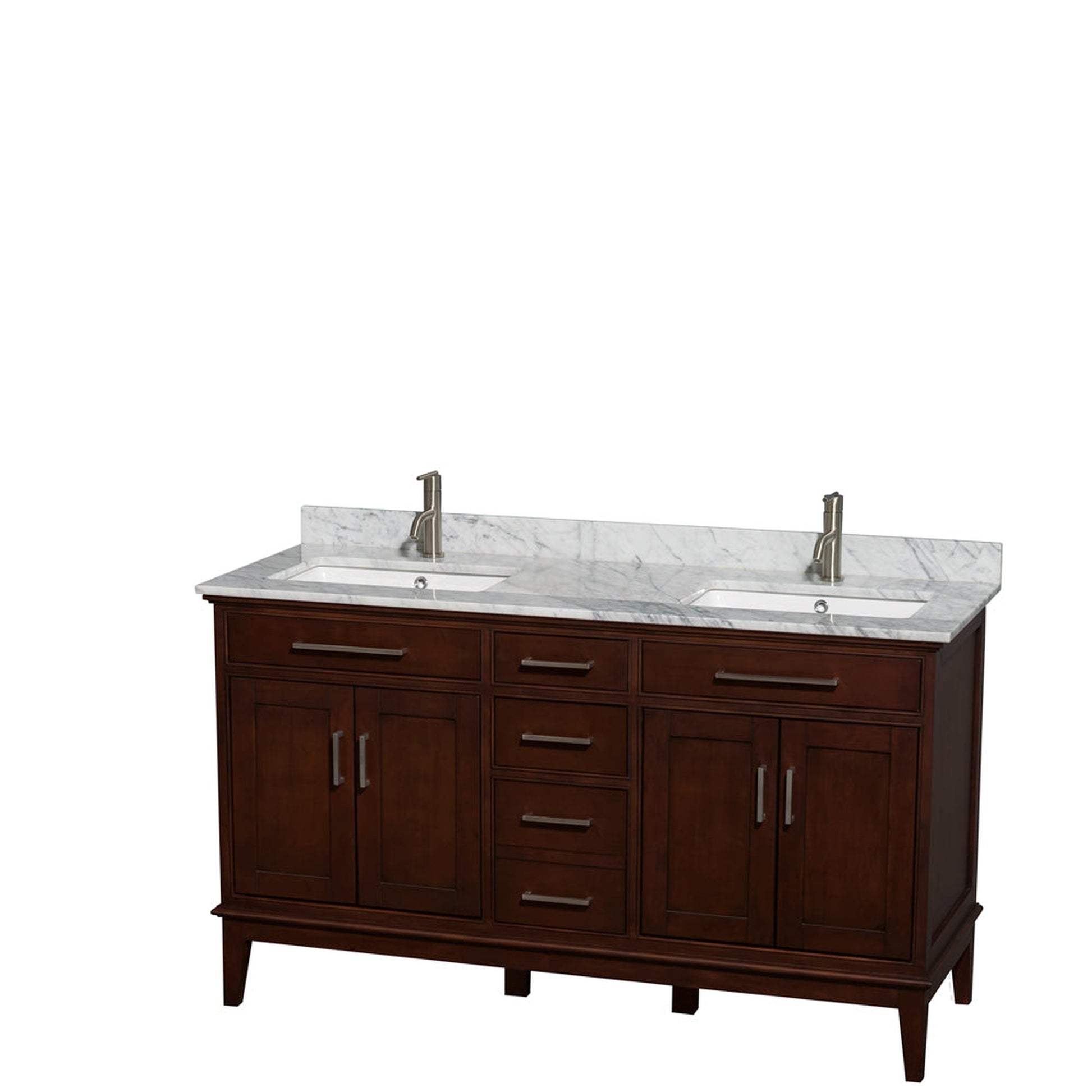 Wyndham Collection Hatton 60" Double Bathroom Vanity in Dark Chestnut, White Carrara Marble Countertop, Undermount Square Sinks, and No Mirror