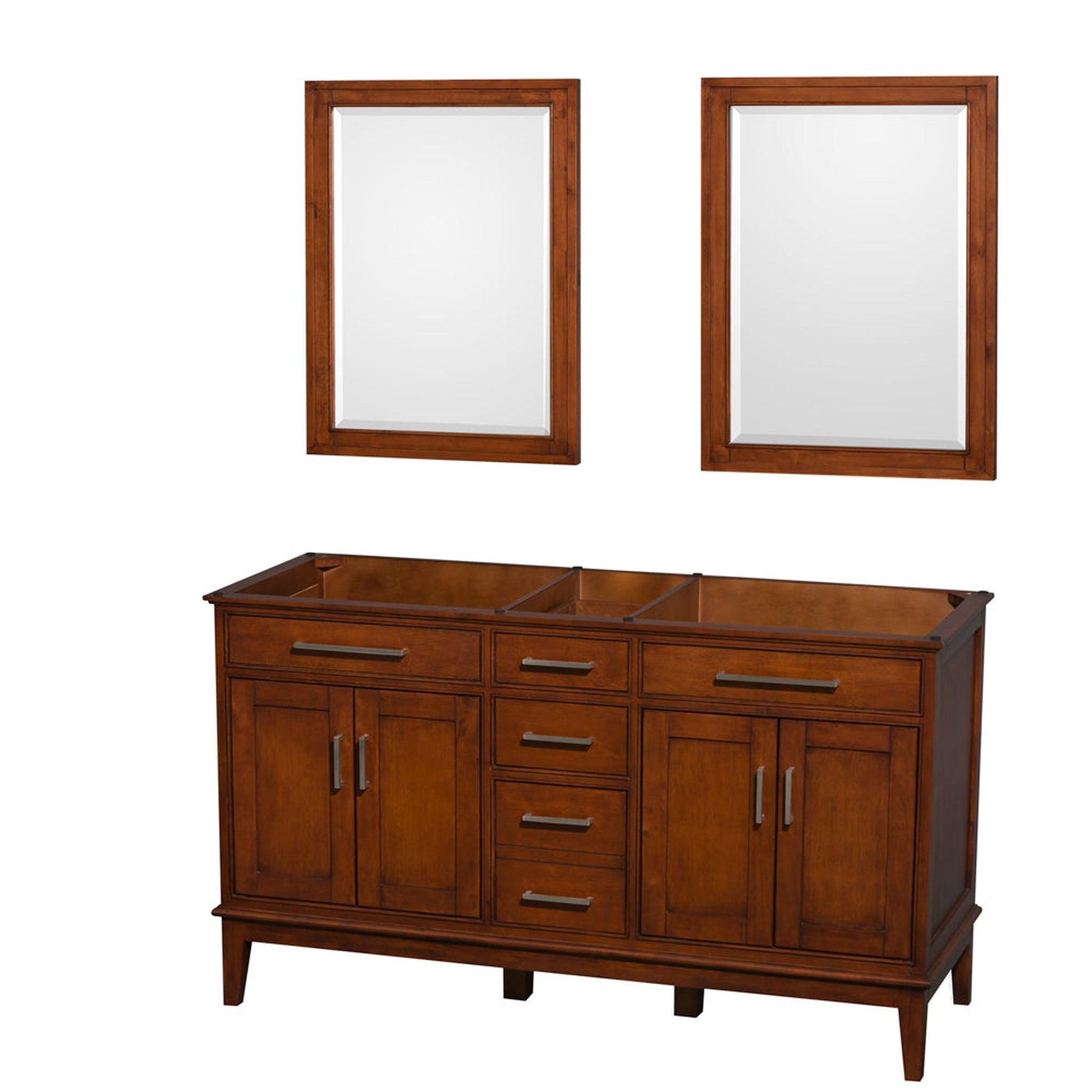 Wyndham Collection Hatton 60" Double Bathroom Vanity in Light Chestnut, No Countertop, No Sinks, and 24" Mirror