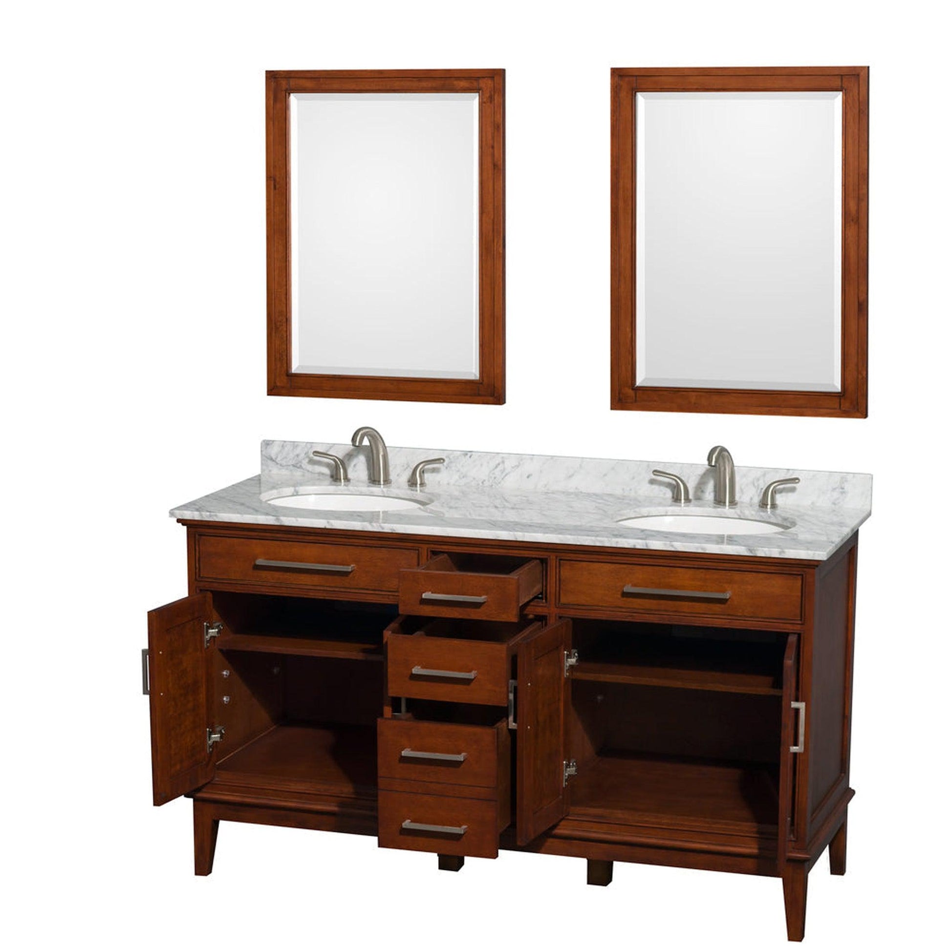 Wyndham Collection Hatton 60" Double Bathroom Vanity in Light Chestnut, White Carrara Marble Countertop, Undermount Oval Sinks, and 24" Mirror