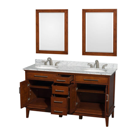 Wyndham Collection Hatton 60" Double Bathroom Vanity in Light Chestnut, White Carrara Marble Countertop, Undermount Oval Sinks, and 24" Mirror