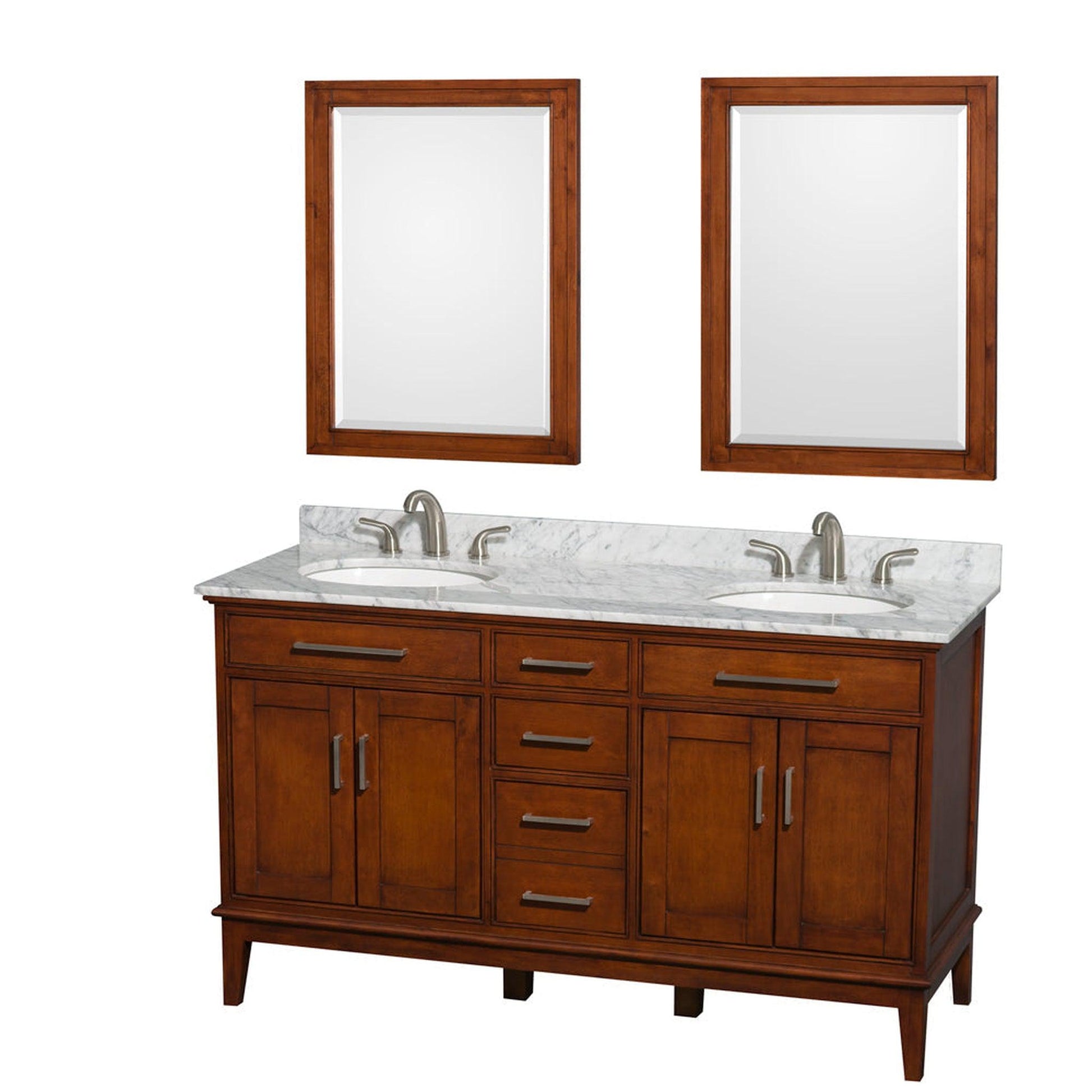 Wyndham Collection Hatton 60" Double Bathroom Vanity in Light Chestnut, White Carrara Marble Countertop, Undermount Oval Sinks, and 24" Mirror