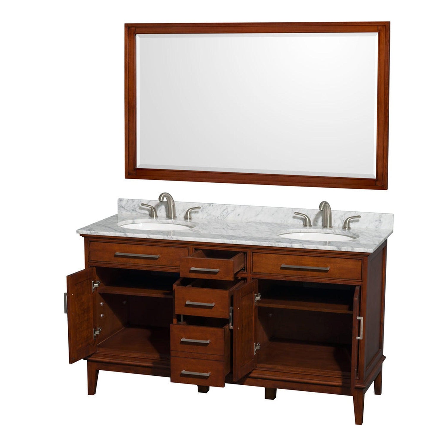 Wyndham Collection Hatton 60" Double Bathroom Vanity in Light Chestnut, White Carrara Marble Countertop, Undermount Oval Sinks, and 56" Mirror