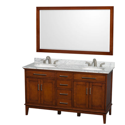Wyndham Collection Hatton 60" Double Bathroom Vanity in Light Chestnut, White Carrara Marble Countertop, Undermount Oval Sinks, and 56" Mirror